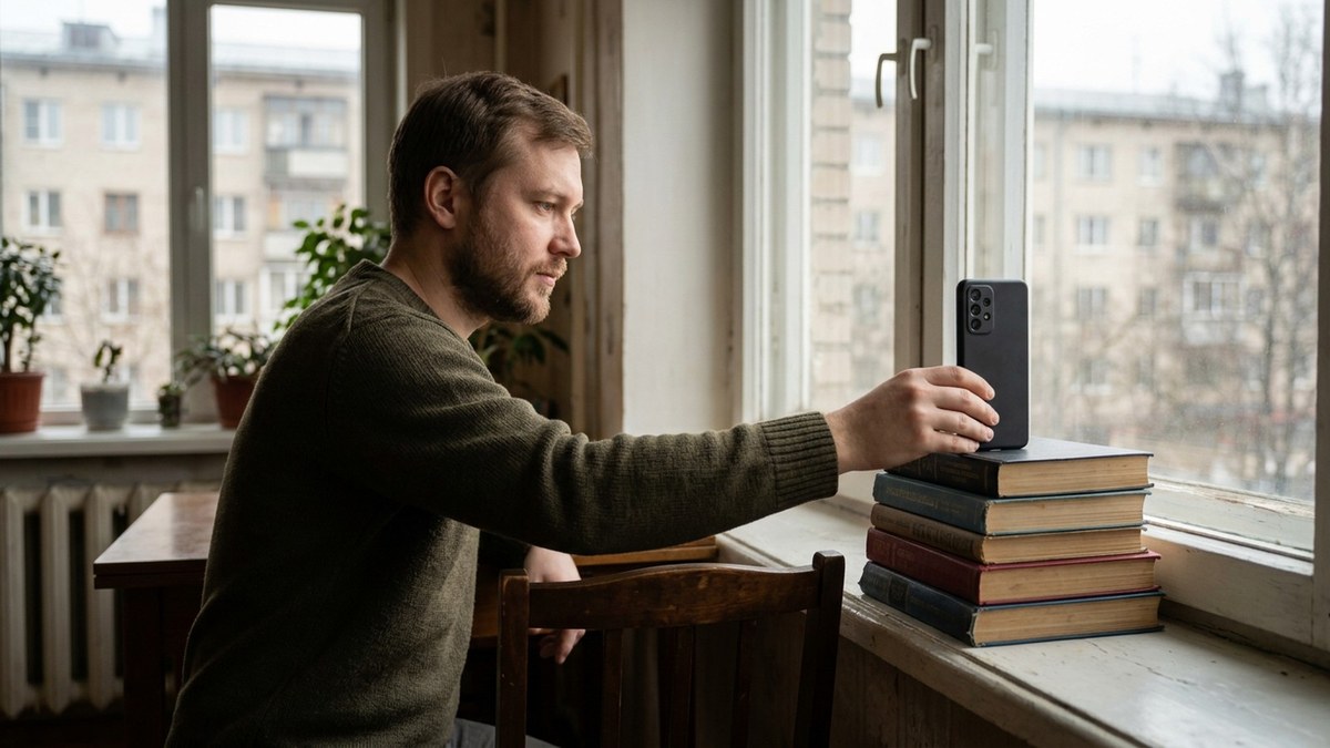 Телефон стоит на стопке книг у окна: для первого короткого видео хватает опоры и дневного света